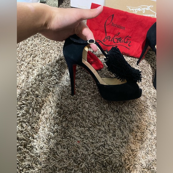 Black suede fringe front Christian Louboutin heels - Picture 3 of 7